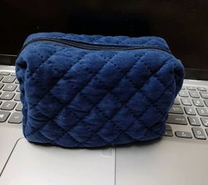 Blue Quilted Pencil Pouch Makeup Bag