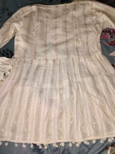 Elegant White Kurta with Pom-Pom Trim
