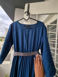 Elegant Blue Pleated Dress, With Belt