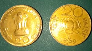 2 Indian Coins Of 20 Paise