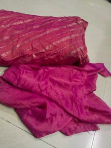 Vibrant Pink Saree with Golden Stripes