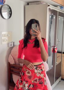 Stylish Red Striped Cut-Out Crop Top