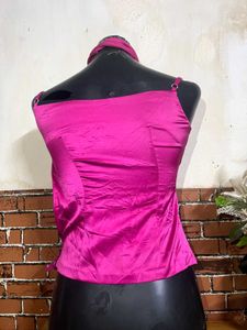 Vibrant Pink Halter Neck Top with Scarf