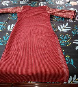 Red Striped Kurta with Neck Embroidery
