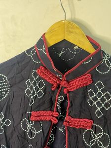 Unique Embroidered Blue Mandarin Collar Top