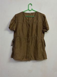 Brown Short Sleeve Button-Up Top