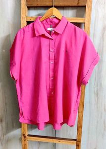 Vibrant Pink Short Sleeve Button-Up Shirt size-46