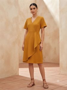 Mustard Yellow Wrap Dress with Ruffle Detail