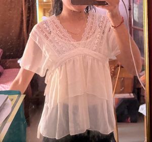 Cream Lace Trimmed Flutter Sleeve Top