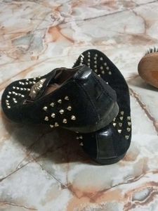 Black velvet studded loafers with gold medusa Embl
