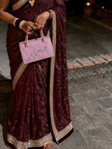 Elegant Burgundy Sequined Saree cococola colour