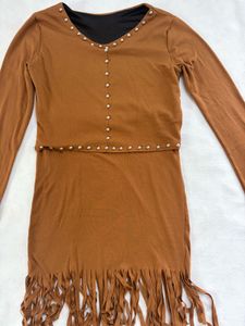 Brown Fringed Dress with Studs