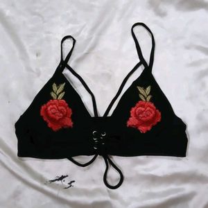 Black Embroidered Rose Bikini Top