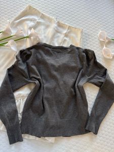 Elegant Grey Cardigan with Embellished Neckline