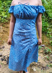 Blue Floral Off-Shoulder Midi Dress