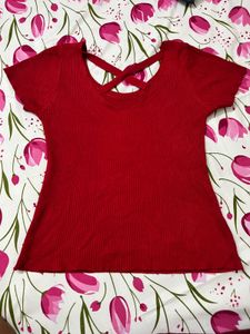 Red Ribbed Crossover Back Top