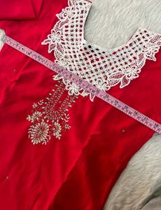 Red Kurta Set with Intricate White Lace Neckline