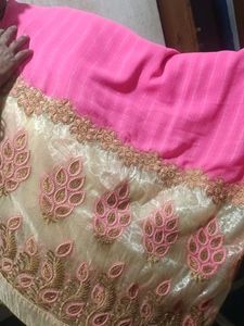 Pink & Cream Embroidered Saree – No Blouse Include