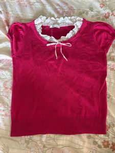 Pink Short Sleeve Top with Lace Trim