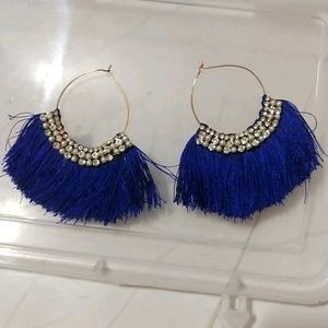 Blue Tassel Hoop Earrings