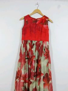 Neerus Red And Cream Floral Printed Sleeveless Long Dress (Women)