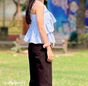 Chic Blue Gingham Ruffle Top
