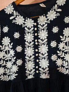 Navy Blue Floral Embroidered Long Dress/Kurti