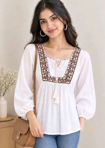 🤍 Boho Embroidered Milky White Top