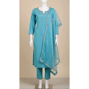 Aqua blue embroidery kurti plazo & dupatta set 🩵