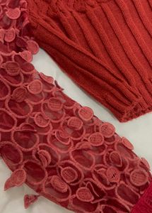 Chic Red Ribbed Knit Top with Lace Sleeves