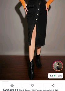 Black Denim Front Slit Midi Skirt