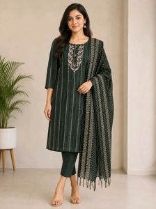 Stylish Dark Green Embroidered Kurta Set