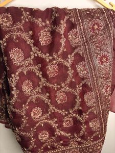 Elegant Maroon Silk Saree with Golden Floral Desig