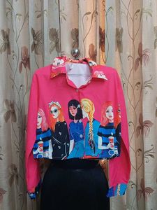 Chic Pink Graphic Print Cropped Shirt
