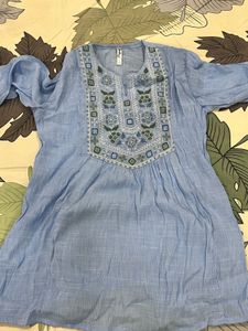 Embroidered Blue Cotton Short Kurta