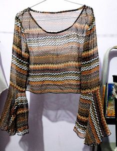 Mesh Flare Sleeve Chevron Print Crop Top