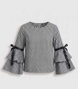 Gingham Bell Sleeve Top with Ribbon Ties