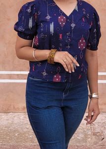 Stylish Blue Printed Puff Sleeve Top