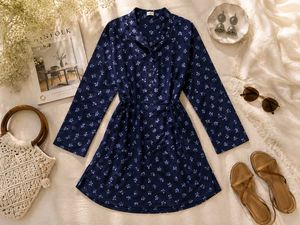 Navy Floral Print Button-Down Dress