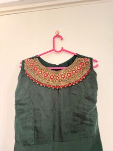 dark green Kurta with Red Dupatta heavy neckline