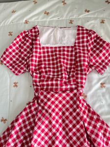 Red Gingham Lace Trim Dress