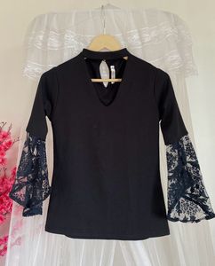 Elegant Black Top with Lace Bell Sleeves