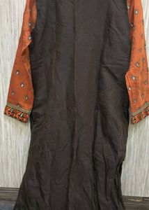 Elegant Brown Kurta with Orange Sleeves