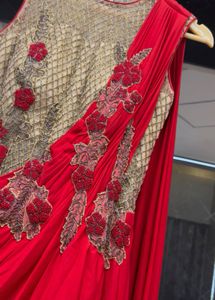 Stunning Red &amp; Gold Embroidered draped ethnic gown