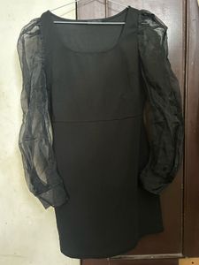 Chic Black Dress with Sheer Puff Sleeves