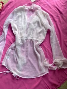 Sheer White Ruffle Tie-Front Top