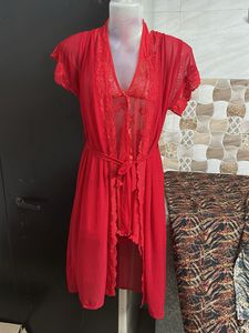 2 pies Sheer Red Lace Robe &amp; Lingerie Set