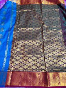fixed  Blue Silk Saree with Gold Zari  pattu