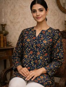 Blue Floral Print Kurta Tunic Top