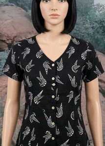 Unique Bird Print Button-Up Blouse